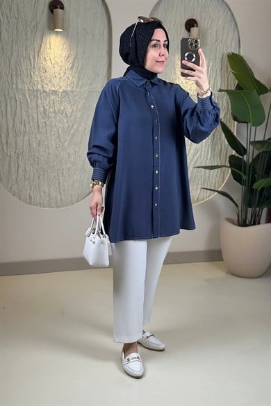 Tesettür Tunik ModelleriTensel Reglan Kol Örgü Kemerli Kadın Tunik Lacivert EYL 2172