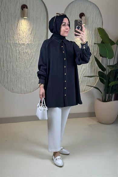 Tesettür Tunik ModelleriTensel Reglan Kol Örgü Kemerli Kadın Tunik Siyah EYL 2172