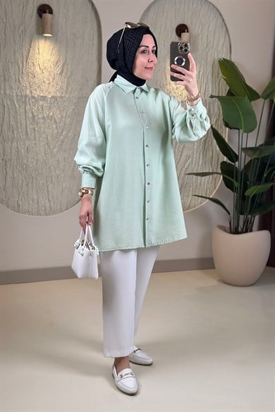 Tesettür Tunik ModelleriTensel Reglan Kol Örgü Kemerli Kadın Tunik Yeşil EYL 2172