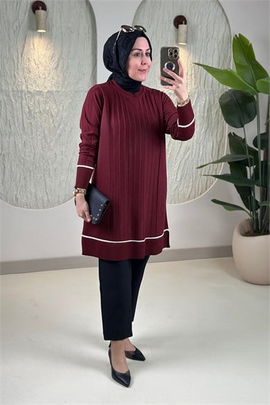 Tesettür Tunik ModelleriTriko Renk Garnili Kendinden Çizgili Kadın Tunik Bordo KADO 2726072