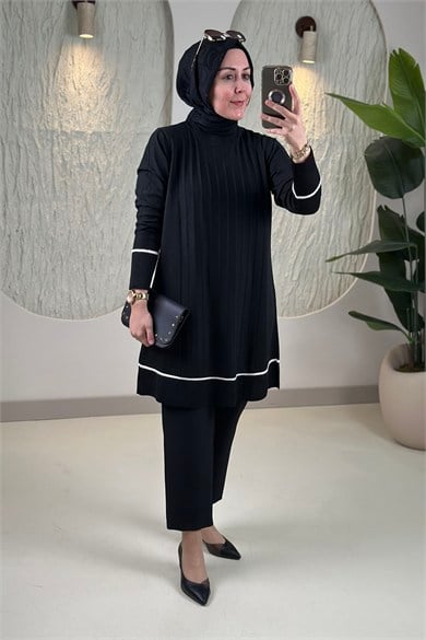Tesettür Tunik ModelleriTriko Renk Garnili Kendinden Çizgili Kadın Tunik Siyah KADO 2726072