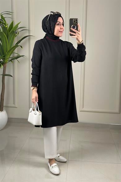Tesettür Tunik ModelleriYaka ve Kol Ribanalı Renk Garnili Kadın Tunik Siyah KADO 262642