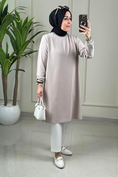 Tesettür Tunik ModelleriYaka ve Kol Ribanalı Renk Garnili Kadın Tunik Taş KADO 262642