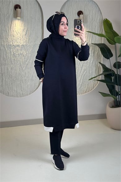 Tesettür Tunik ModelleriYaka ve Kol Ribanalı Garnili Cepli Kadın Tunik Siyah KADO 262376