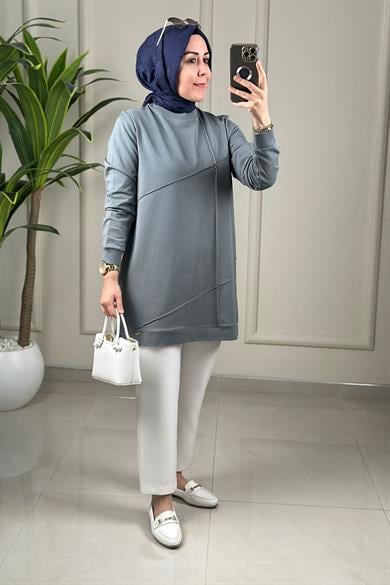Tesettür Tunik ModelleriYaka ve Kol Ribanalı Önü Nervürlü Kadın Tunik Mint Yeşili KADO 262106