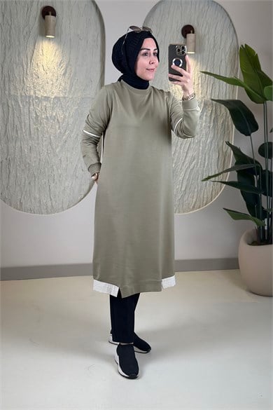 Tesettür Tunik ModelleriYaka ve Kol Ribanalı Garnili Cepli Kadın Tunik Yeşil KADO 262376