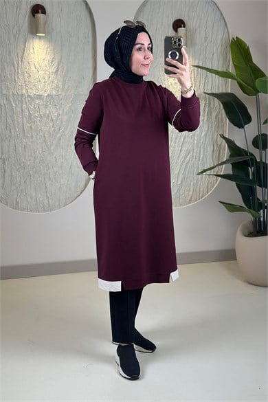Tesettür Tunik ModelleriYaka ve Kol Ribanalı Garnili Cepli Kadın Tunik Bordo KADO 262376
