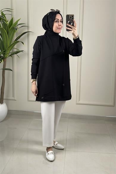 Tesettür Tunik ModelleriYaka ve Kol Ribanalı Önü Nervürlü Kadın Tunik Siyah KADO 262106