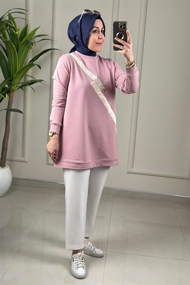 Tesettür Tunik ModelleriYaka ve Kol Ribanalı Önü Renk Garnili Kadın Tunik Pembe KADO 262608