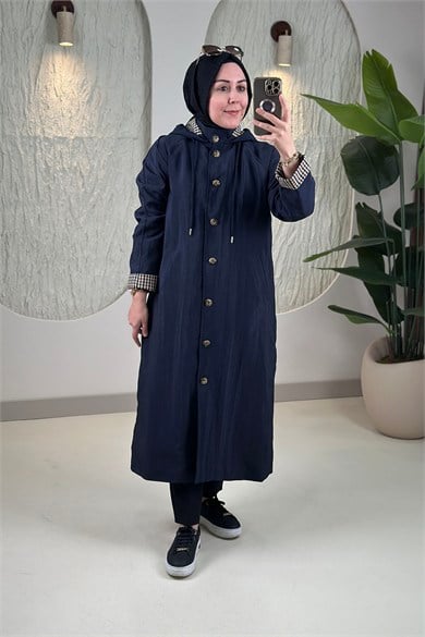 TrenchEkose Astarlı Reglan Kol Önü Düğmeli Cepli Kadın Trençkot Lacivert EYL 2319