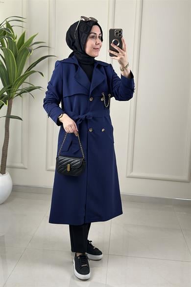 TrenchKruvaze Yaka Düğmeli Aksesuar Detaylı Kadın Trench Kap Lacivert MLH 3513
