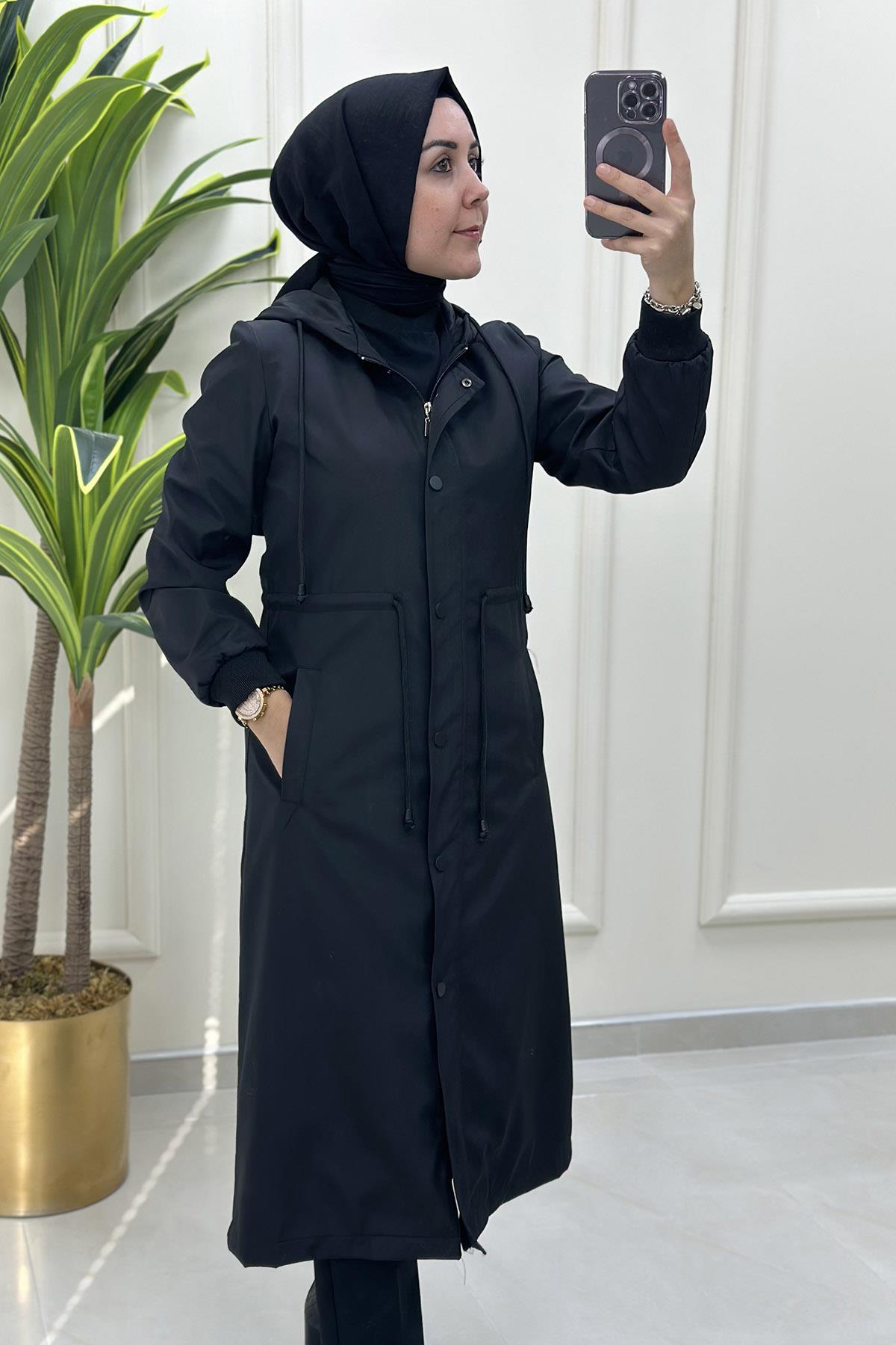 Kapüşonlu Beli Kemerli Önü Fermuarlı Kadın Trench Siyah ALS 4828 - Elören  Giyim