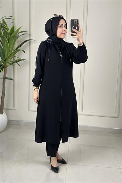 LOOPIE LADY(BLACK×BLACK) / grounds Önü Fermuarlı File Kapüşonlu Kadın Giyçık Kap Siyah MLH 8061