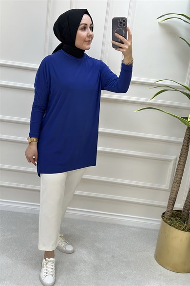 Sandy Kumaş Arkası Makas Kesim Detaylı Kadın Tunik Saks Mavisi 11613 -  Elören Giyim