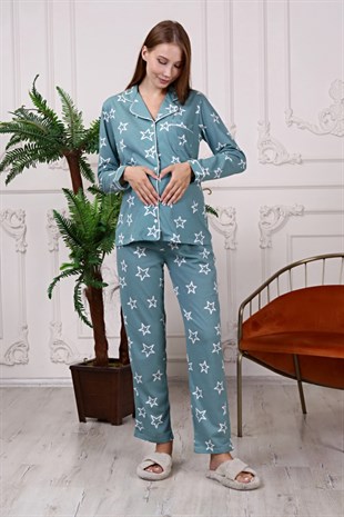 La Lumiere Yeşil Yıldız Desenli Uzun Kol Pijama Takımı