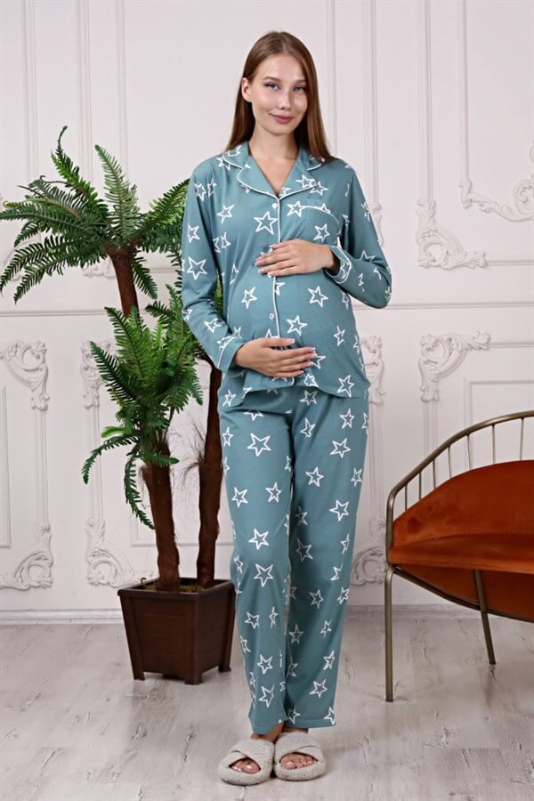 La Lumiere Yeşil Yıldız Desenli Uzun Kol Pijama Takımı