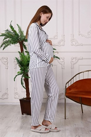La Lumiere Gri Çizgili Uzun Kol Pijama Takımı