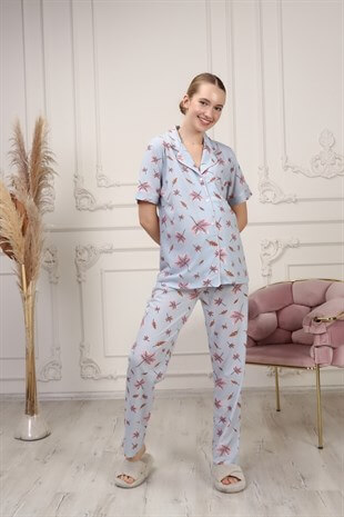 La Lumiere Mavi Yaprak Desenli Kısa Kol Pijama Takımı