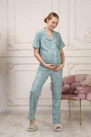 La Lumiere Yeşil Kalpli Kısa Kol Pijama Takımı