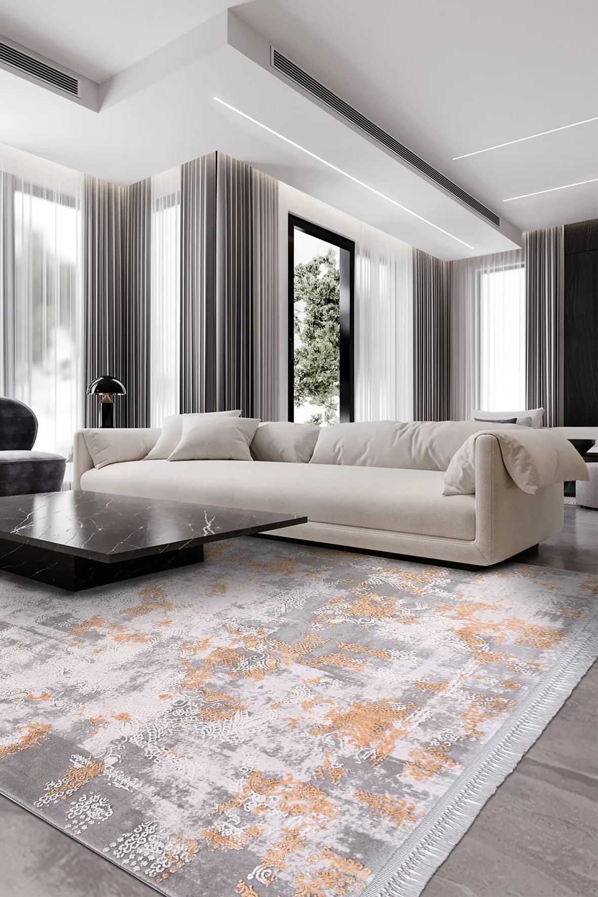 BLOOM-Gri/Beyaz/Turuncu - Özel Ölçü-Salon,Oturma Odası ve Koridor Halısı-Robot Süpürgeye Uyumlu-Kolay Temizlenebilir-Uygun Fiyat