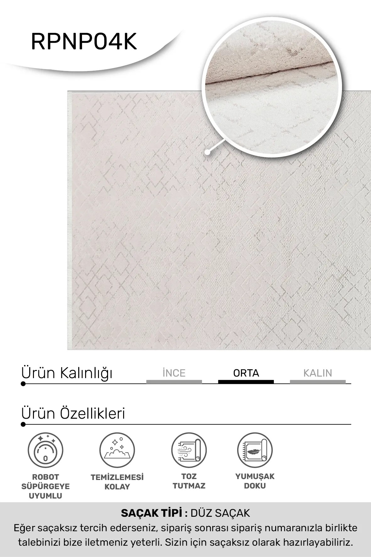 BONAPARTE-Beyaz- Özel Ölçü-Salon , Oturma Odası ve Koridor Halısı-Robot Süpürge Uyumlu-Kolay Temizlenebilir-Uygun Fiyat