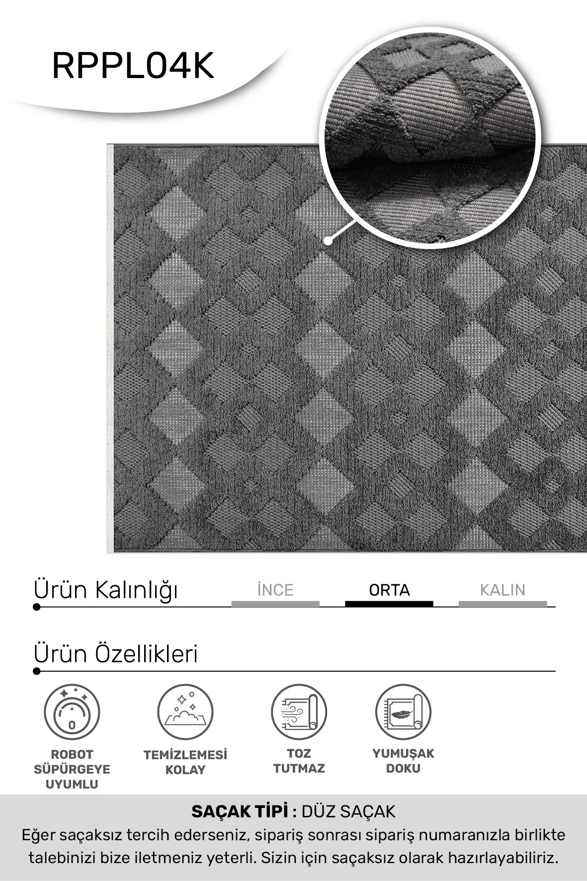 MASAL-Antrasit- Özel Ölçü- Oturma Odası, Koridor, Yatak Odası Halısı- Robot Süpürgeye Uyumlu-Kolay Temizlenebilir- Uygun Fiyat