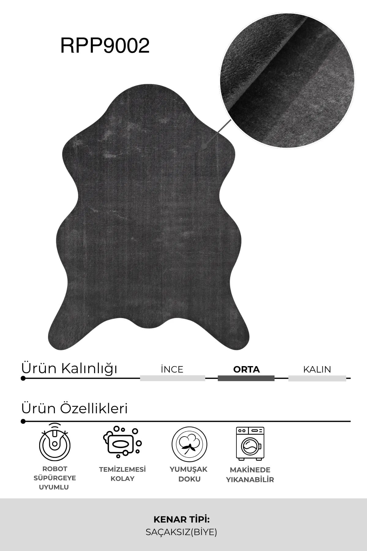 POLY Peluş Post Şeklinde Halı- Antrasit - Salon-Antre-Oturma Odası-Yumuşak-Kaymaz Taban-Yıkanabilir–Modern-Uygun Fiyat