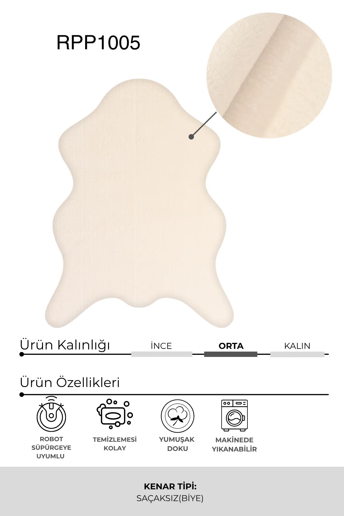 POLY Peluş Post Şeklinde Halı-Krem- Salon-Antre-Oturma Odası-Yumuşak-Kaymaz Taban-Yıkanabilir–Modern-Uygun Fiyat