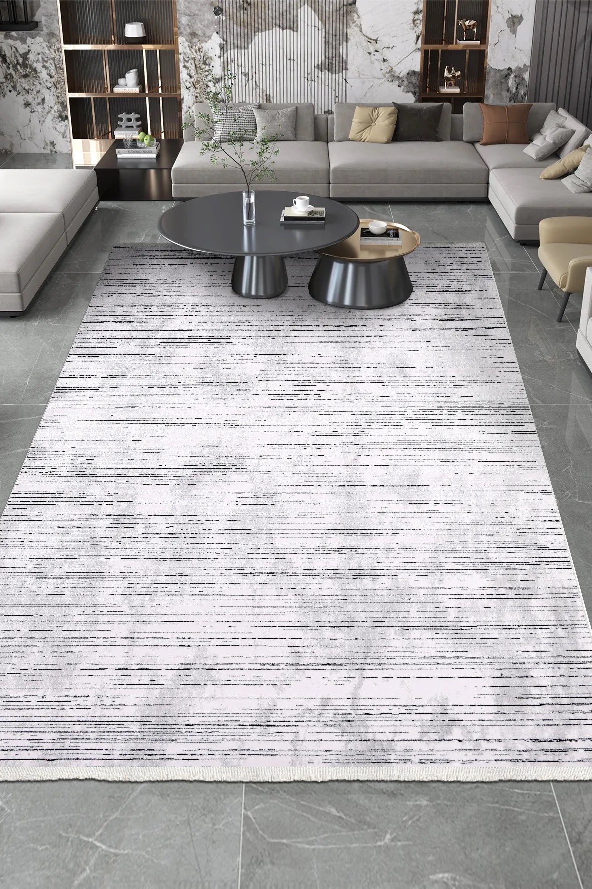 ROXSTONE-Beyaz/Siyah - Özel Ölçü-Salon , Oturma Odası ve Koridor Halısı-Robot Süpürge Uyumlu-Kolay Temizlenebilir-Uygun Fiyat