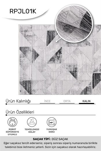 JALURA-Gri/Siyah- Özel Ölçü-Salon,Oturma Odası, Koridor Halısı-Robot Süpürgeye Uyumlu-Kolay Temizlenebilir-Uygun Fiyat