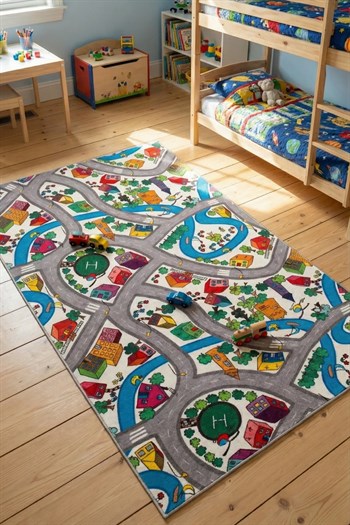 RugKids Halı -Trafik Desenli -Silinebilir-Kolay Temizlenir- Kaymaz Tabanlı - Özel Ölçü