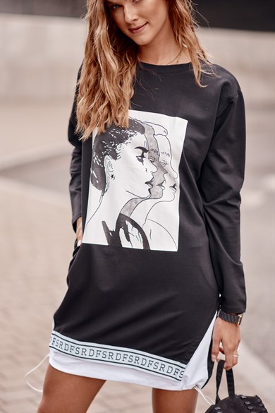 3D Baskılı Büzgü Detaylı Şık Mini Elbise Tunik 