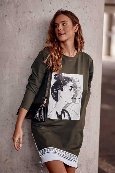 3D Baskılı Büzgü Detaylı Şık Mini Elbise Tunik 