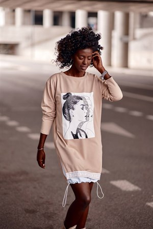 3D Baskılı Büzgü Detaylı Şık Mini Elbise Tunik 