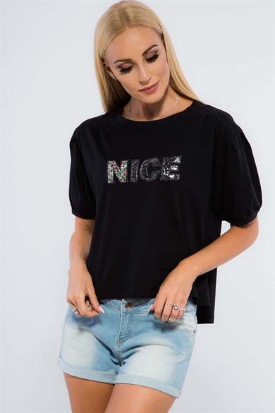 Baskılı Balon Kollu Kadın Tişört