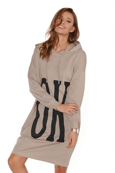 Baskılı Kapüşonlu Uzun Kadın Sweatshirt