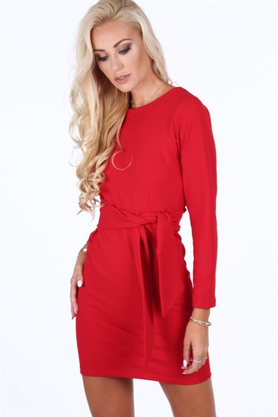 Belden Bağlamalı Fermuar Detaylı Mini Elbise