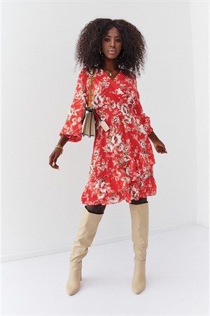 Beli Büzgü Detaylı Desenli Mini Elbise