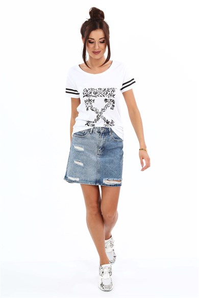 Bisiklet Yaka Baskılı Kadın Tişört