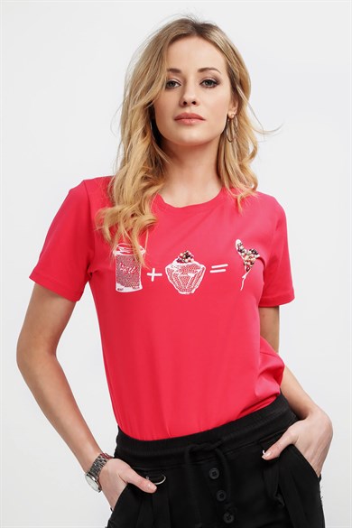 Bisiklet Yaka Baskılı Kadın Tişört