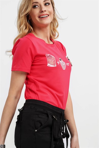 Bisiklet Yaka Baskılı Kadın Tişört