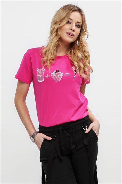 Bisiklet Yaka Baskılı Kadın Tişört