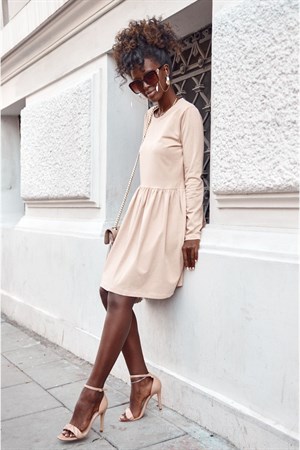 Bisiklet Yaka Belden Büzgülü Mini Elbise