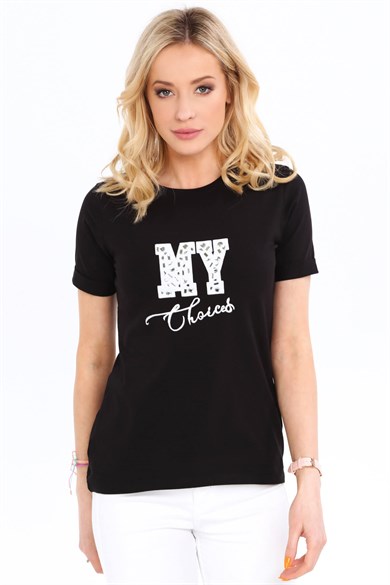 Bisiklet Yaka Dijital Baskılı Kadın Tişört