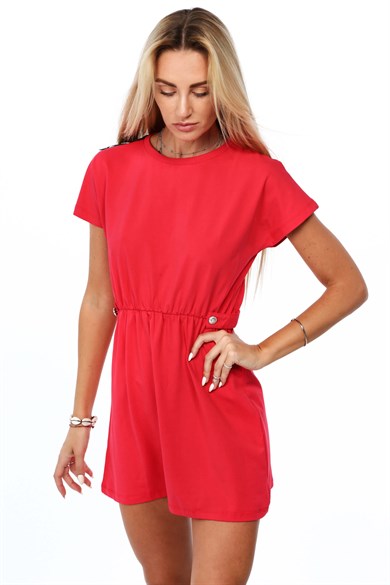 Bisiklet Yaka Omzu Agraflı Mini Elbise