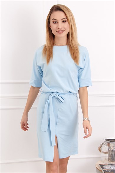 Bisiklet Yaka Yırtmaçlı Midi Elbise