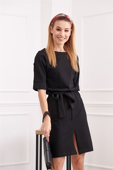 Bisiklet Yaka Yırtmaçlı Midi Elbise