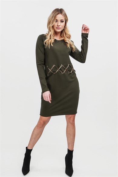 Çapraz Bağcıklı Bisiklet Yaka Midi Elbise
