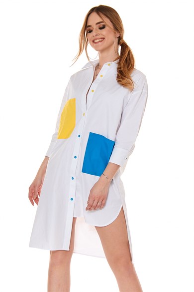 Cep Detaylı Asimetrik Uzun Kadın Gömlek