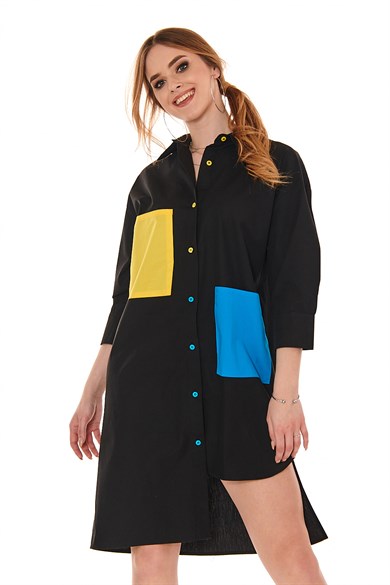 Cep Detaylı Asimetrik Uzun Kadın Gömlek